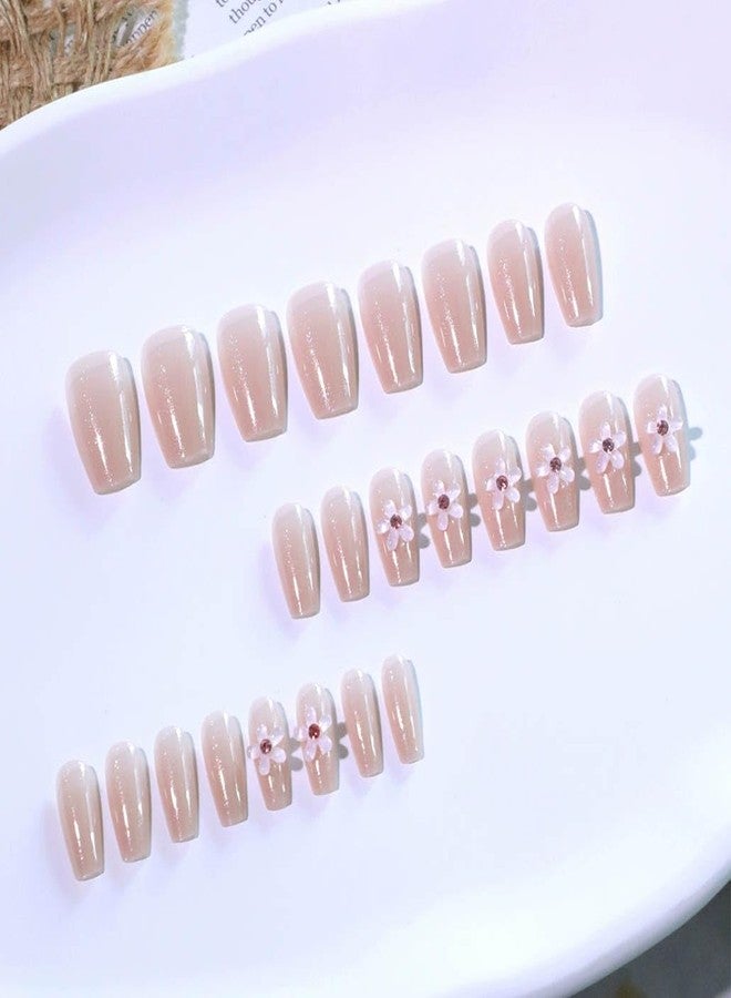 Foccna Press On Nails - Medium Rhinestone Pink & White Square Bling Glossy 3D Flower False Nails - 24pcs - Image 2